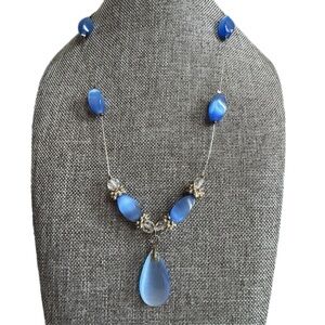 Vintage MCM Blue Moon Glow Floating Beaded Wire Pendant Necklace Artisan Made